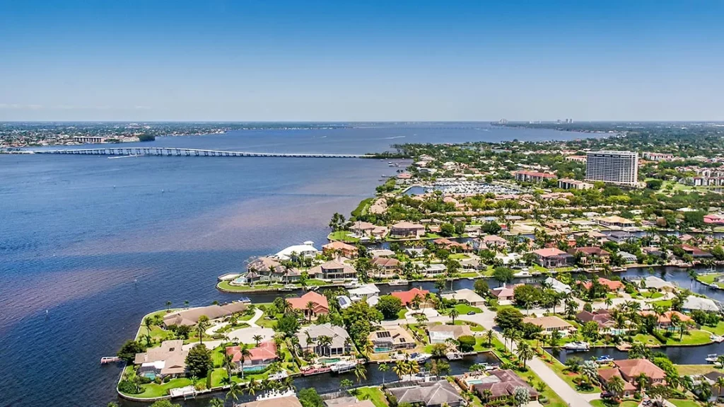 Town & River Fort Myers community as seen from aerial view.